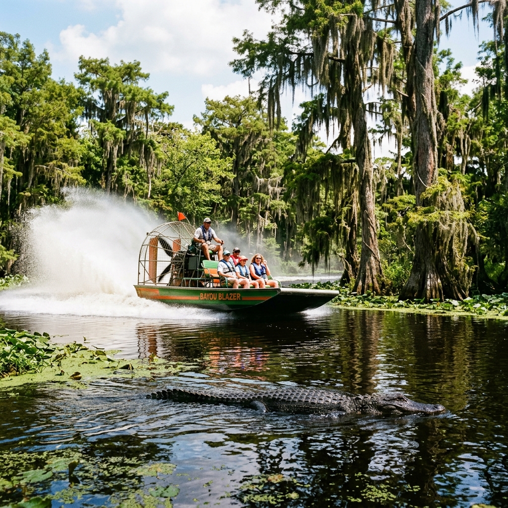 Airboat speeding through Louisiana swamp