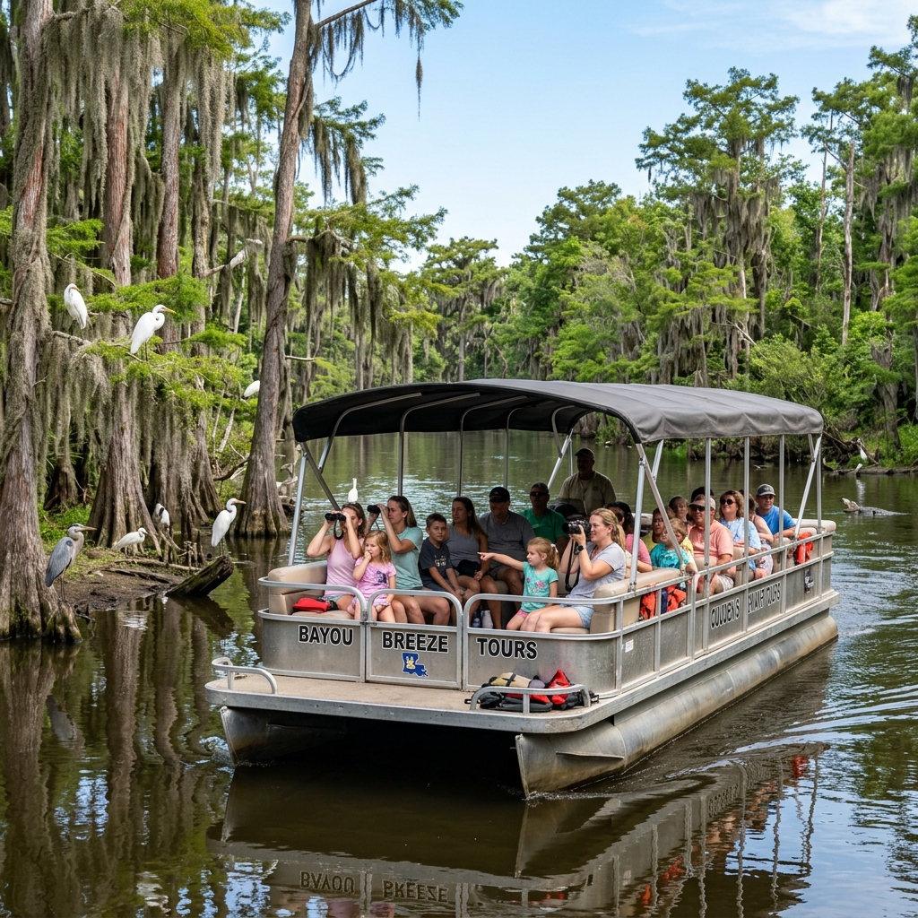 Covered pontoon boat in Louisiana swamp
